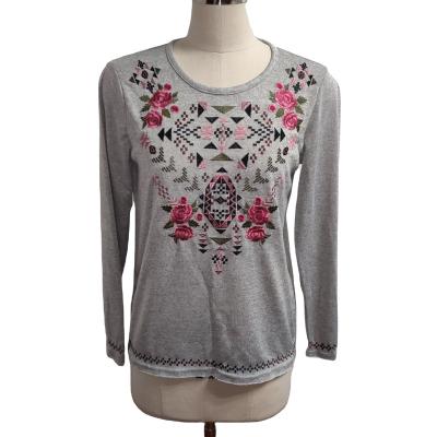 China Anti-Wrinkle Spring Autumn Casual Women's T-shirts O Neck Long Sleeves Aztec Floral Embroidery T Shirt For Women for sale