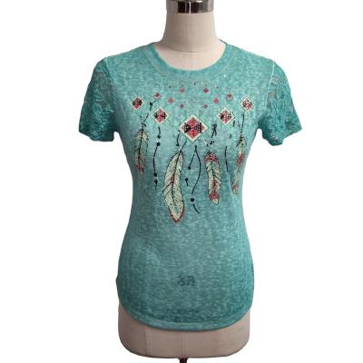 China Anti-Wrinkle Summer Knitted Washed Womens Tees Lace Up Sleeves Fashion Aztec Leaf Printed Graphic Casual Tees Women for sale