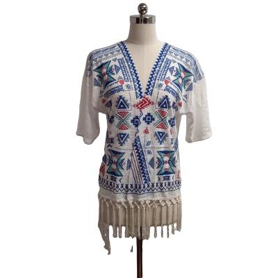 China Anti-Wrinkle Spring Autumn Knitted Cardigan Short Sleeves Tassels Fashion Aztec Printed Casual Women Cardigan for sale