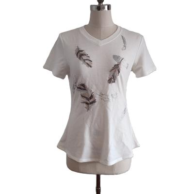 China French Terry Fabric Women Tees Fashion Anti-wrinkle Custom Sequins Leaf Foil Printing Embroidery Women's T-shirts for sale