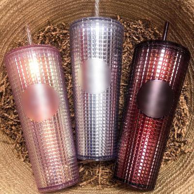 China Viable Ready To Ship Reusable Plaid 24oz Double Wall Corn Plastic Studded Cup Tumbler With Lid And Straw for sale