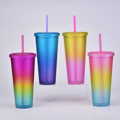 China 2021 New Designer Sustainable Gradient Colored Frosted Double Wall Plastic Insulated Coffee Tumbler With Straw for sale