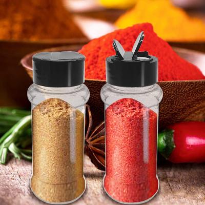 China Salt Shaker With Double Open Flip Lid 80-360ml Viable Clear Plastic Cylinder Cooking Pepper Bottle PET Spice Plastic Jar for sale