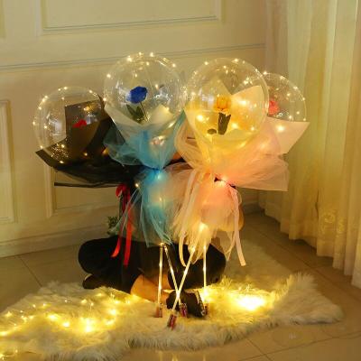 China Valentines Day Gift Toy Reusable Rose Flower Led Balloon Bobo Clear Balloon Rose Bouquet With Led Light for sale