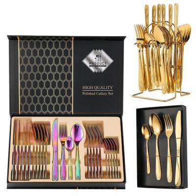 China Amazon Viable 24 Piece Cutlery Set Flatware Spoons Forks Knives Stainless Steel Gold Silverware With Rack And Gift Box for sale