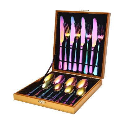 China Viable Silverware Reusable Stainless Steel Wedding Dinner Dinner Knife Fork Spoon Gold Outdoor Cutlery Set With Wooden Box for sale