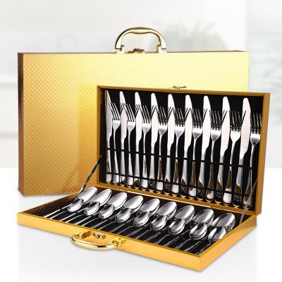 China 36 Pcs Disposable 1010 Gold Plated Cutlery Set With Wooden Box Stainless Steel Cutlery Set Spoon Knife Fork Set Gold Modern Flatware for sale