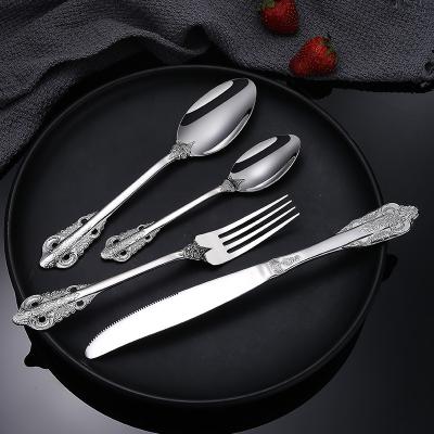 China Hotel Viable Elegant Royal 5 Star Mirror Metal Polishing Gold Plated Wedding Knife Spoon Fork Silverware Set for sale