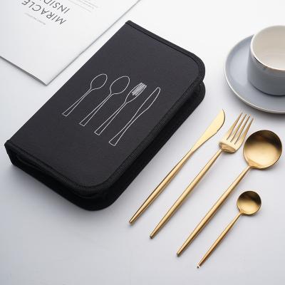 China Round Handle 24pcs Pattern Disposable Luxury Titanium Plating Gold Matt Polish Cutlery Set With Bag Food Grade SUS 304 Portable Flatware for sale