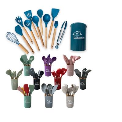 China Viable 11 Color Choose 12 Pieces Kitchen Gadgets Silicone Kitchen Accessories Cookware Tools With Wood Handles for sale