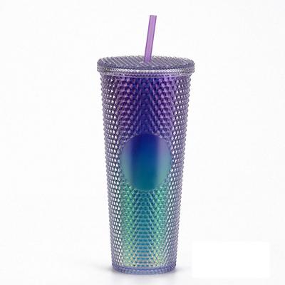 China Viable Hot Amazon 24 oz Double Wall Tumbler Acrylic Reusable Pineapple Plastic Durian Grid Cups Matte Studded Tumbler With Straw for sale