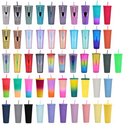 China 2022 Viable Popular 24oz Studded Tumbler Double Wall Plastic Purple Light Blue Black Matte Studded Tumbler With Straw for sale