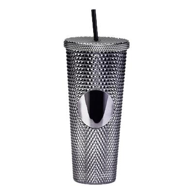 China Sustainable USA Warehouse Hot Sale Diamond Reusable Drink Cups 24 Ounce Multi Color Black Studded Tumblers With Lid And Straw for sale