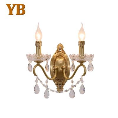 China Modern Luxury French Copper Candle Lights Bedroom 2 Decorative Led Brass Crystal Wall Lamp for sale