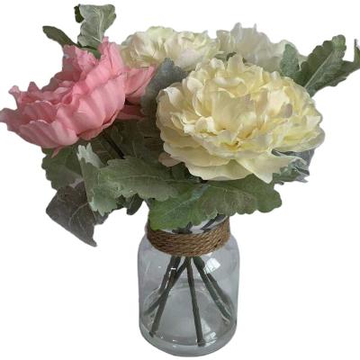 China Realistic/Long Lasting Artificial Flowers Peony in Glass Vase Silk Flower for sale