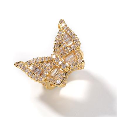 China Hiphop Baguette Butterfly Ring CZ Diamond For Women Iced Out Real Gold Plated Hip Hop Jewelry 2022 Trend for sale