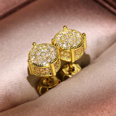 China Hiphop Small Gold Color Stud Earring AAAA Round Cubic Zircon Screw Back Men Fashion Hip Hop Jewelry for sale