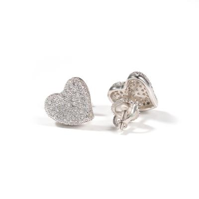 China Punk HIP HOP 925 Sterling Silver Stud Earrings Zircon Iced Out Heart Shape for sale