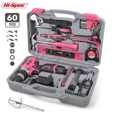 China Pink Lady Hand Tool Kit Hispec 60 Piece Pink Lady Machine Tool Sets Kit Electric Screwdriver with Cordless Drill 12v Li-ion Battery for sale