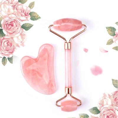 China Whitening jade facial roller gua sha set beauty face massage roller Rose quartz crystal jade stone pink for face for sale