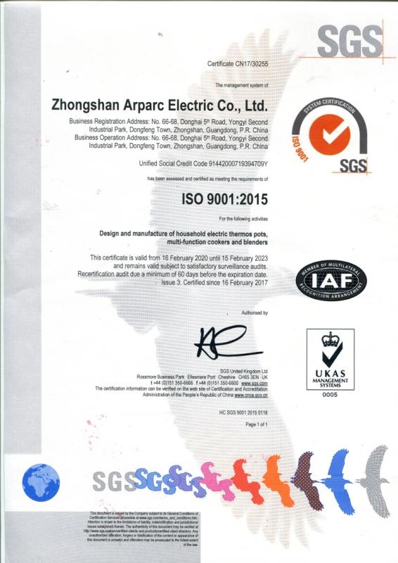 ISO9001 - Zhongshan Arparc Electric Co., Ltd.