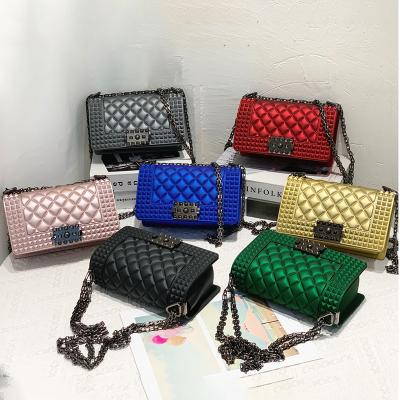 China 2021 Korean Version Jelly Bag PVC Rhombus Texture Chain Rivets Bag Small Square Cross - Body Bags Women for sale