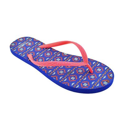 China Flip Flops PE lady slipper, PE outsole printing EVA insole with PVC V strap flip flop, beach slipper for sale