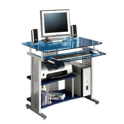 China Fashion Blue Tempered Glass And Wooden Computer Desk Modern , Silver Tube DX-8807RB for sale