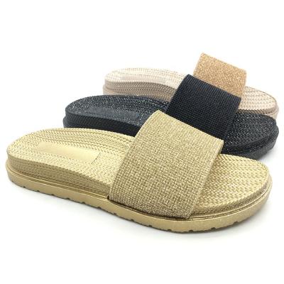 China Fashion Trend Made In China Anti-Slip Arch Support Women Shoes Straw Rhinestone Flat Sole Sandals Glitter Slides Slippers for sale