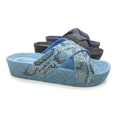 China Fashion Trend Italy Logo Thick Sole Black Blue Color Popular Custom Ladies Slides Snake Straps Cross Slippers for sale