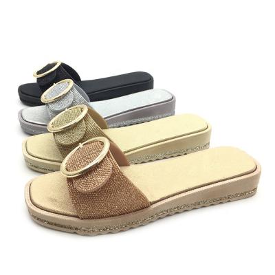 China Newest Bling Trend Fashion Style Thin Shoes Square Open Toe Slides Round Gold Buckle Slippers for sale