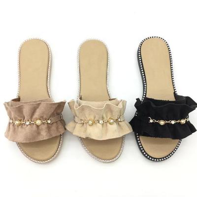 China Italian popular khaki color style fashion trend design thin unique tendril fiber decoration slips slippers with pearl chain for sale