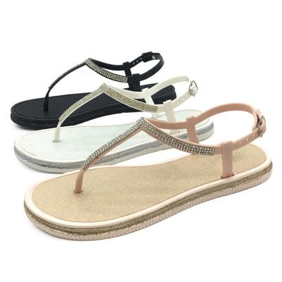 China Hot Sale Fashion Trend T-Strap Women Sandals For Outdoor Beach Diamond Leisure Shoes Summer White for sale