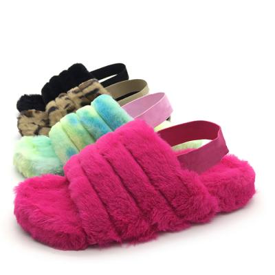 China Fashion Trend Designer Recommended Warm Multicolor Shoes With Elastic Back Straps Lides Soft Fur Insole Hairy Slippers For Winter for sale