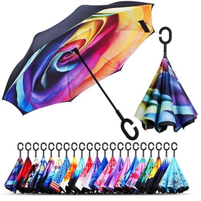 China New Industrial Style Inside Printed Double Layer Full Reverse Umbrella For Promotion Use With Customize Logo Printing Ads Gift Umbrellas for sale