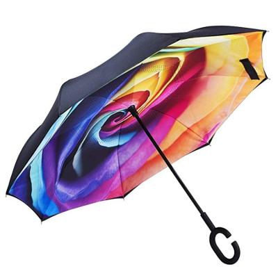 China Art Decor Reverse Umbrella Rainbow Colored Double Layer C To Handle Reverse Reverse Umbrella Logo Custom Print For Promotion Use Umbrellas for sale