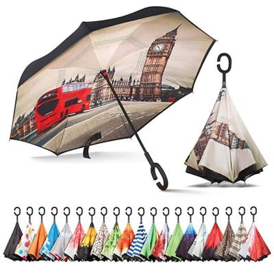 China All in 1 inside double layer c-shaped handle reverse design umbrella for sale