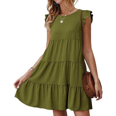 China 2021 Summer O Neck Short Sleeve Mini Woman Dress Loose Ruffles Solid Work Anti-Wrinkle Pleated Fashion Casual Short Dress for sale