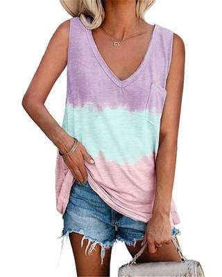 China 2022 Sexy V-Neck Fashion Tops Women Gradient Patchwork Anti-Wrinkle T-Shirt Sleeveless Shirt Top Tank Shorts Clothes Drop Ship Coldker for sale