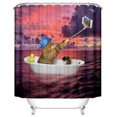 China Sustainable Cute Cat Pattern Modern Waterproof Polyester Shower Curtain Set With Hooks for sale