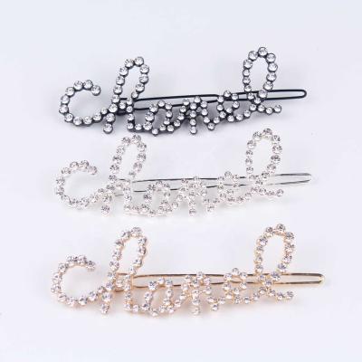 China FREE CUSTOMIZED English Name Diamond Hair Clips Gold Pearl Hair Decoration Silver RHINESTONE Words Hair Clips For Girls for sale