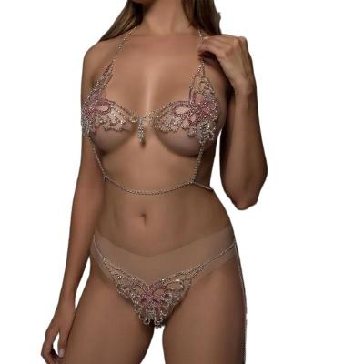 China Sexy Pretty Sexy Rhinestone Pink Rhinestone Body Chain Bra Panties Flower Shape Crystal Lingerie Bikini Diamond Tassel Set Jewelry for sale