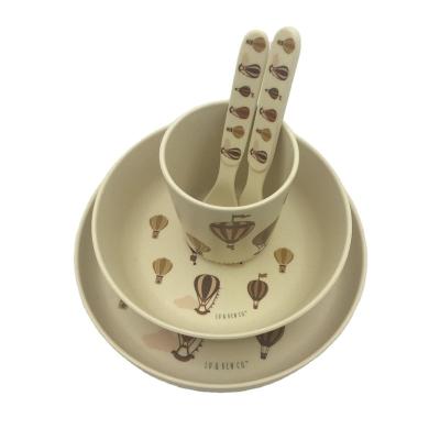 China Sustainable 2024 new design idea Hot air balloon design 5 sets bowl plate cup spoon fork bamboo fiber kids tableware for sale