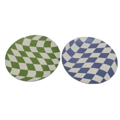 China Sustainable Hot Sale Unique Design green checks blue checks full print design Eco-friendly Party Bamboo Fiber Round Plate for sale