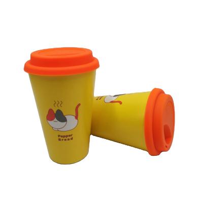 China Sustainable 14 OZ 400 ml yellow color customized cats design printed bamboo fiber travel cups with silicone lid for sale