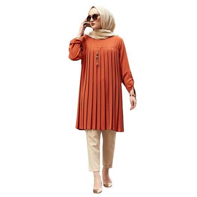 China Plus Size Muslim Tops Casual Pleated Loose Round Top Sleeve Neck Blouse Women Daily Islamic Muslim Clothing Long Sleeve Tops for sale