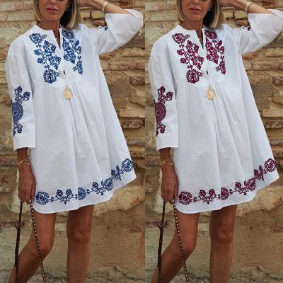 China ZACAVIA Autumn 2021 Women's Breathable Bohemian Embroidered Retro Ladies White Mid Length Sleeve Dress Loose Casual Dress for sale