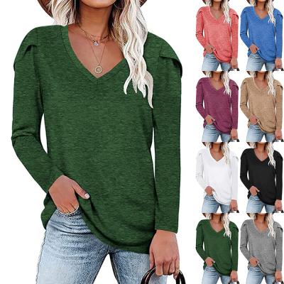 China Anti-Wrinkle ZACAVIA Women New Petal Sleeve V-Neckline Ruched Autumn Solid Simple Pullover Fashion 2021 Female T-shirt Long Sleeve Casual T-shirt for sale