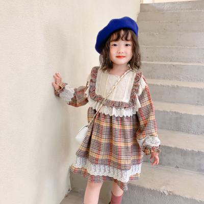 China 2022 Vintage Anti-wrinkle Long Sleeve Dresses Sailor Collar Lace Plaid Dress For Girls for sale