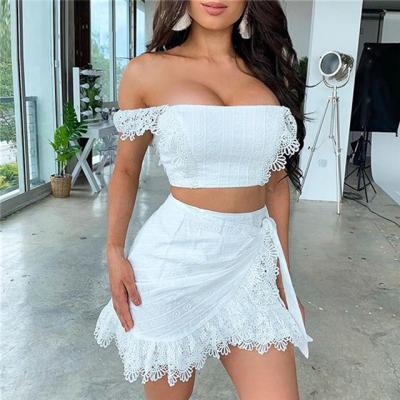 China 2021 Fashion New Summer Viable Lace Strapless Short White Skirt Suit for sale